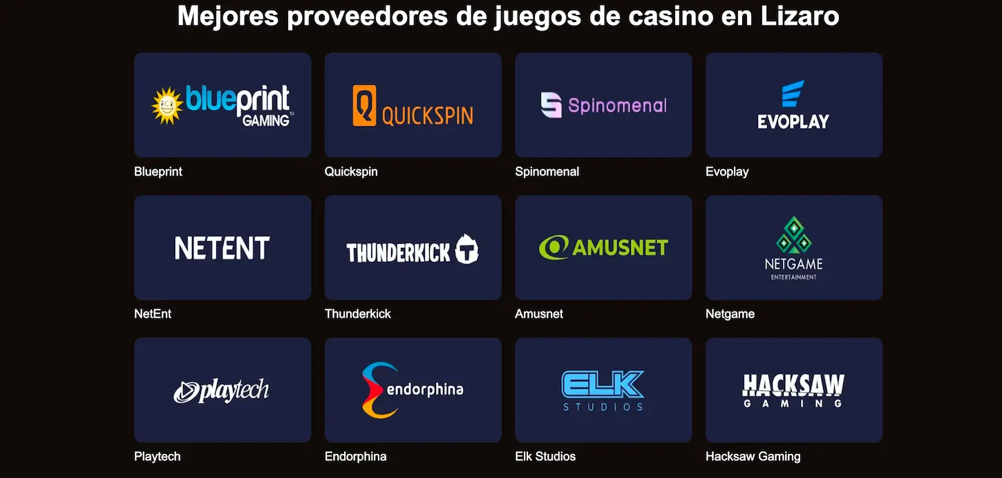 Lista de proveedores de juegos de Lizaro Casino