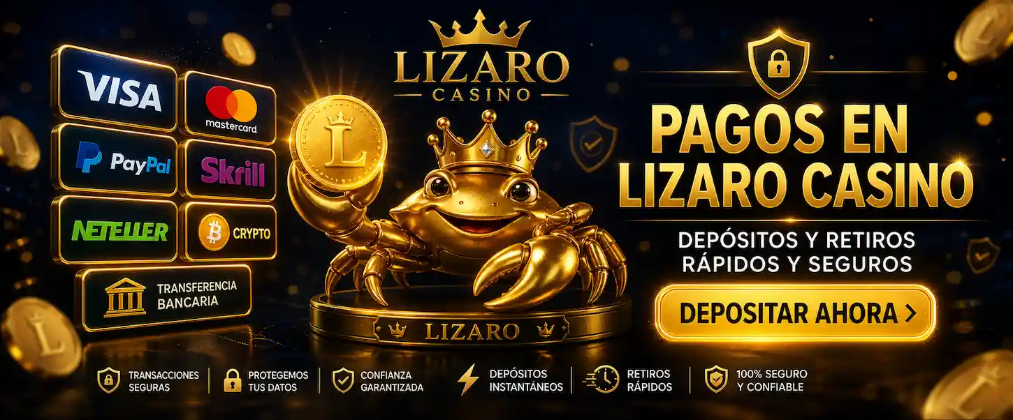 Realiza pagos en Lizaro Casino España con métodos seguros como Visa, PayPal, Skrill y criptomonedas.